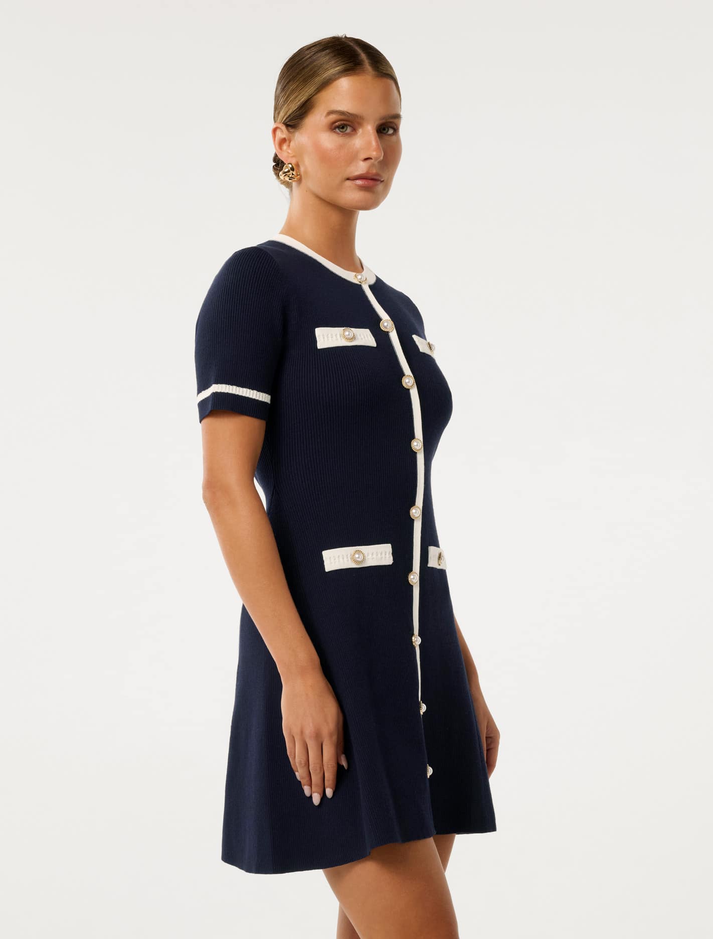 Kerry Petite Contrast Knit Mini Dress Navy/ Cream