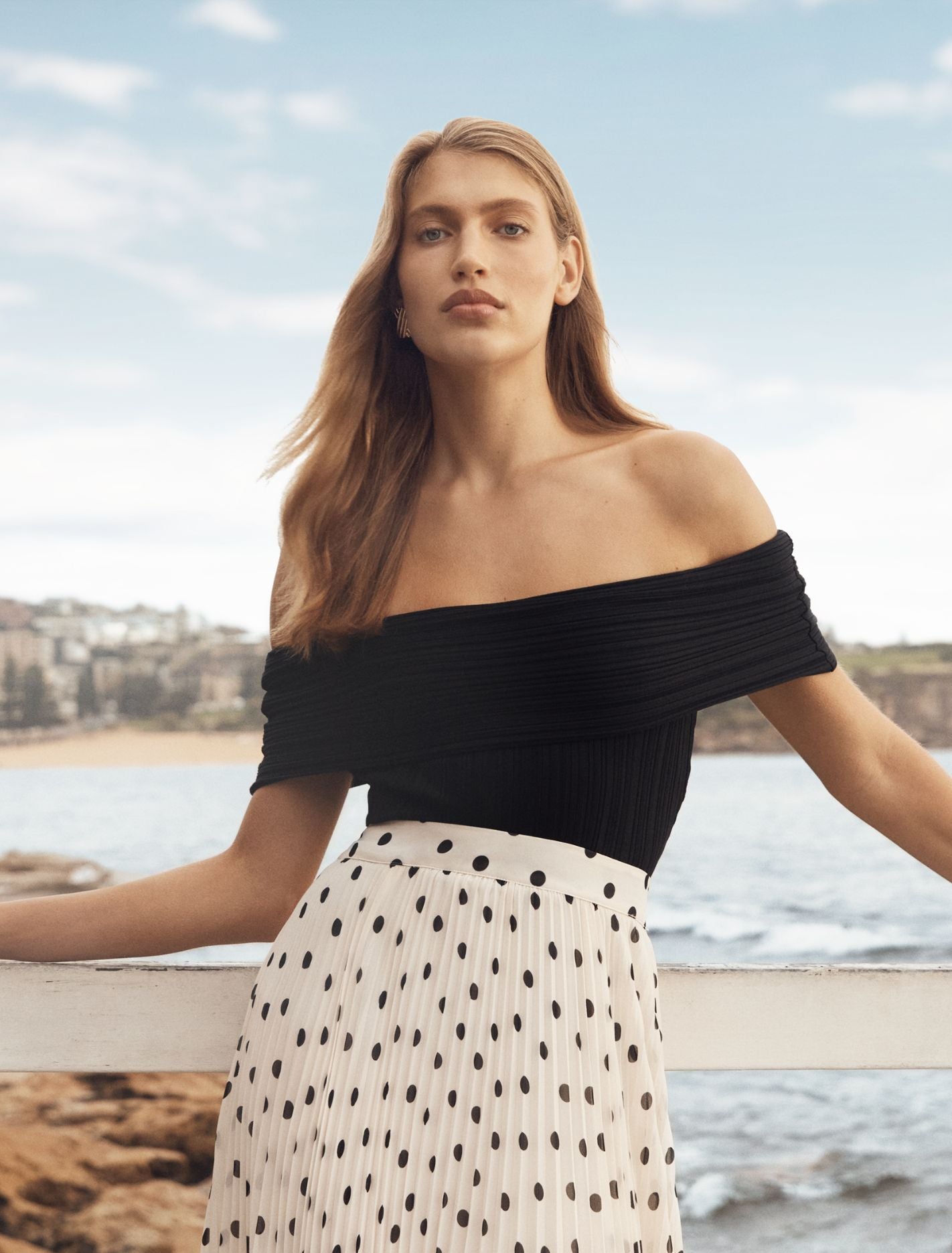 Sabrina Ribbed Bardot Top Black