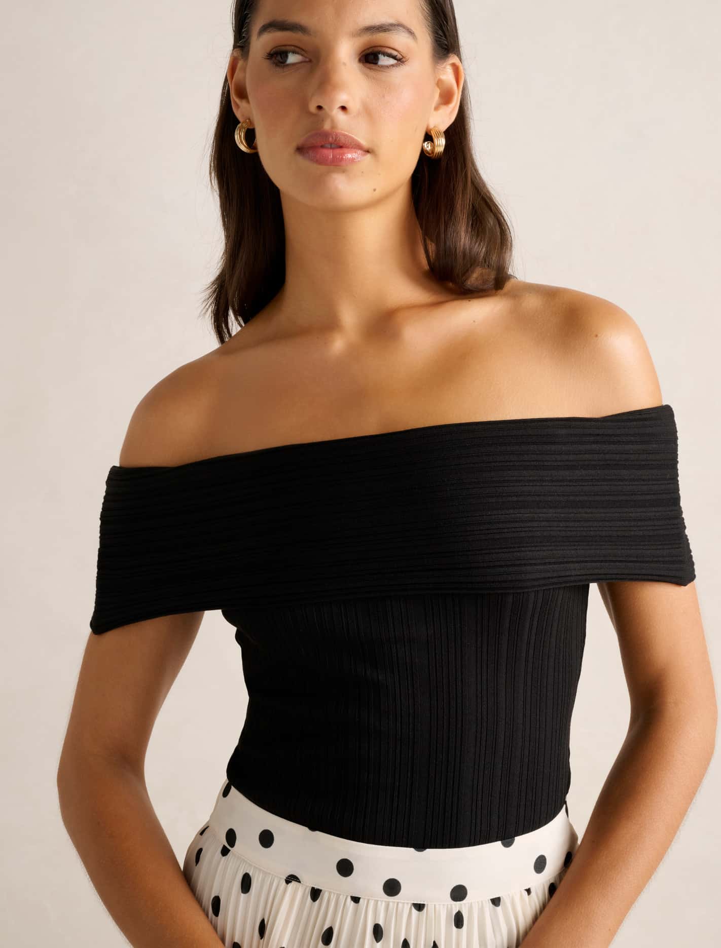 Sabrina Ribbed Bardot Top Black