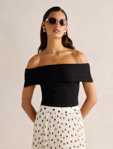 Sabrina Ribbed Bardot Top Black