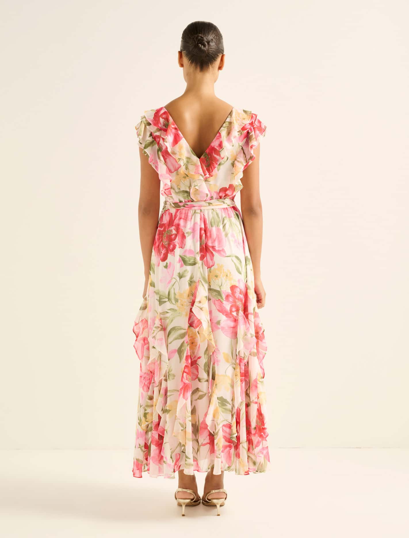 Naya Ruffle Midi Dress Red Lyell Floral