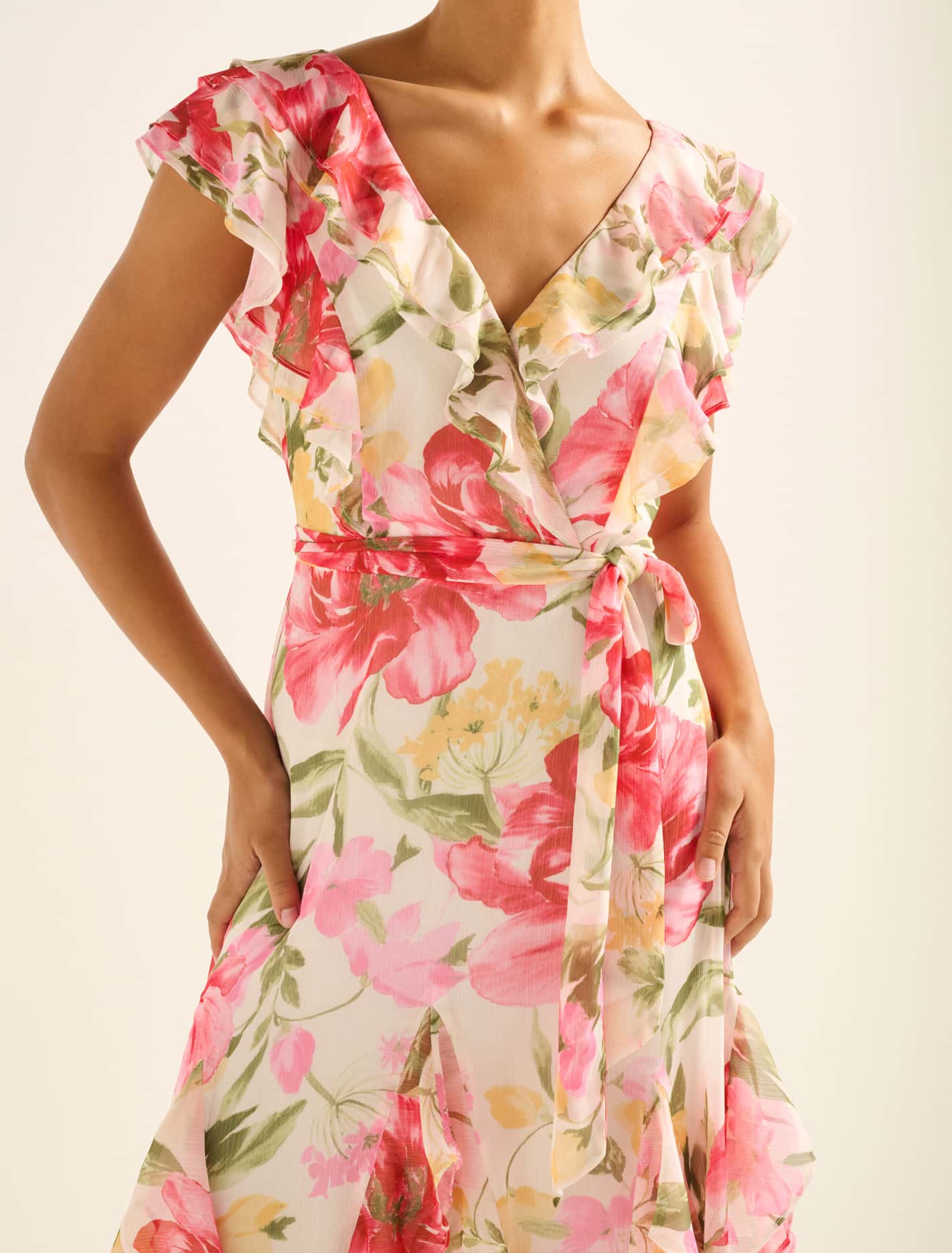Naya Ruffle Midi Dress Red Lyell Floral