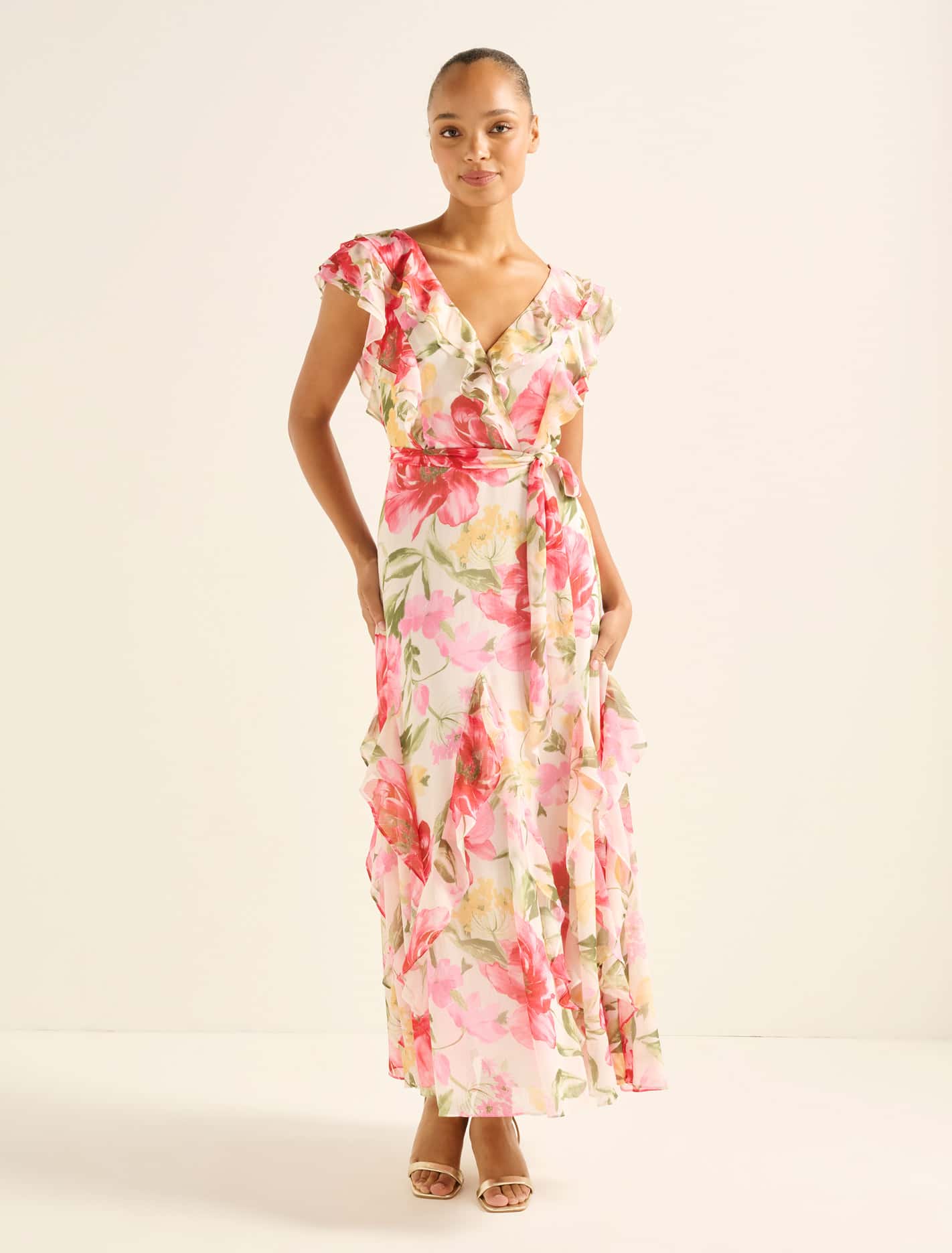 Naya Ruffle Midi Dress Red Lyell Floral