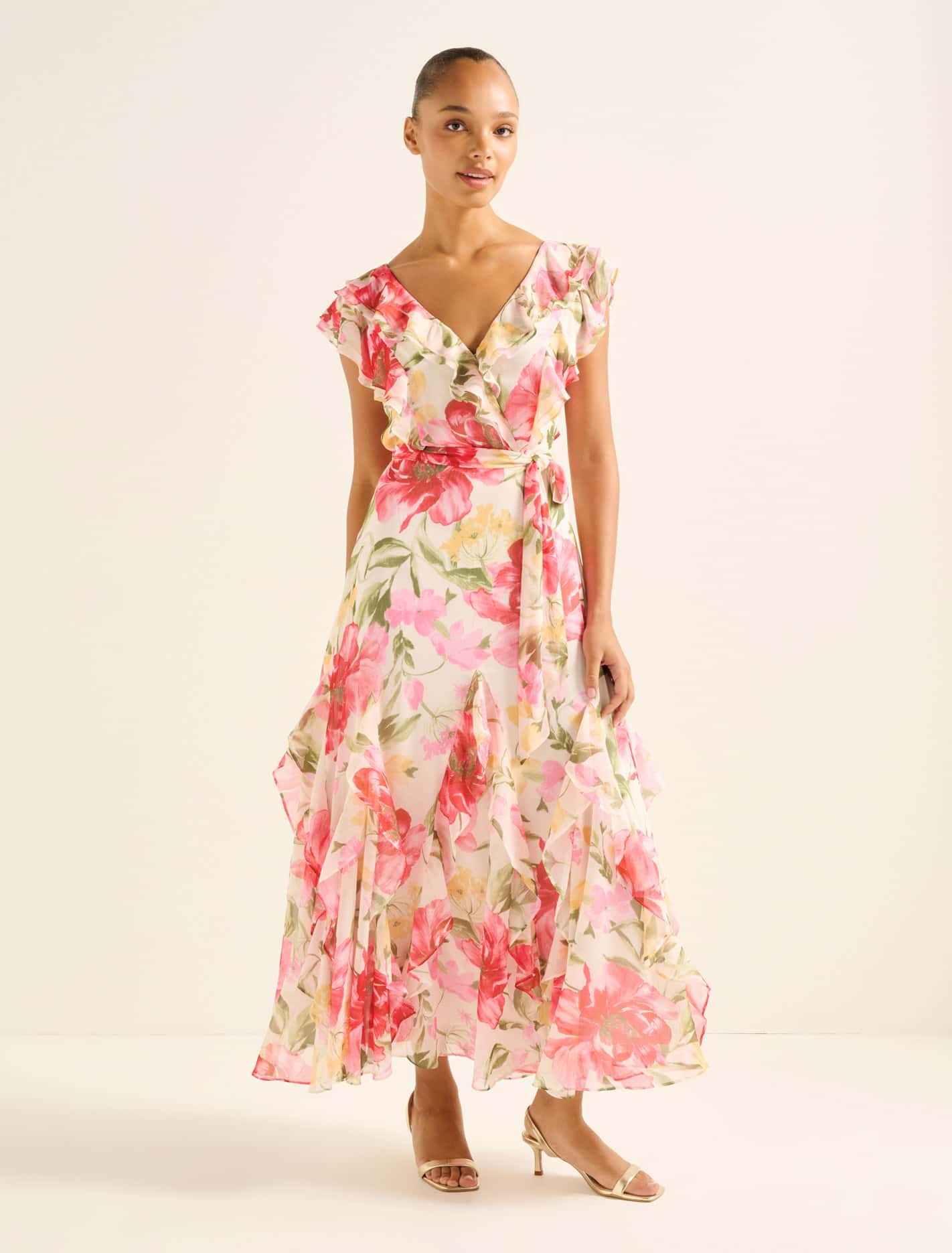 Naya Ruffle Midi Dress Red Lyell Floral