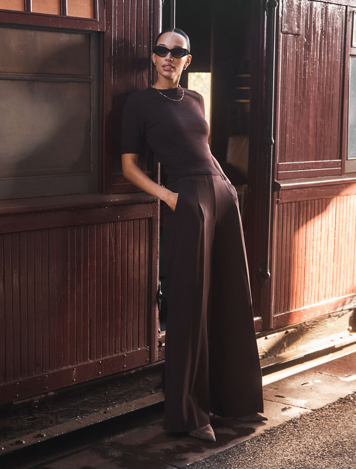 Briony Wide-Leg Pants Chocolate Set