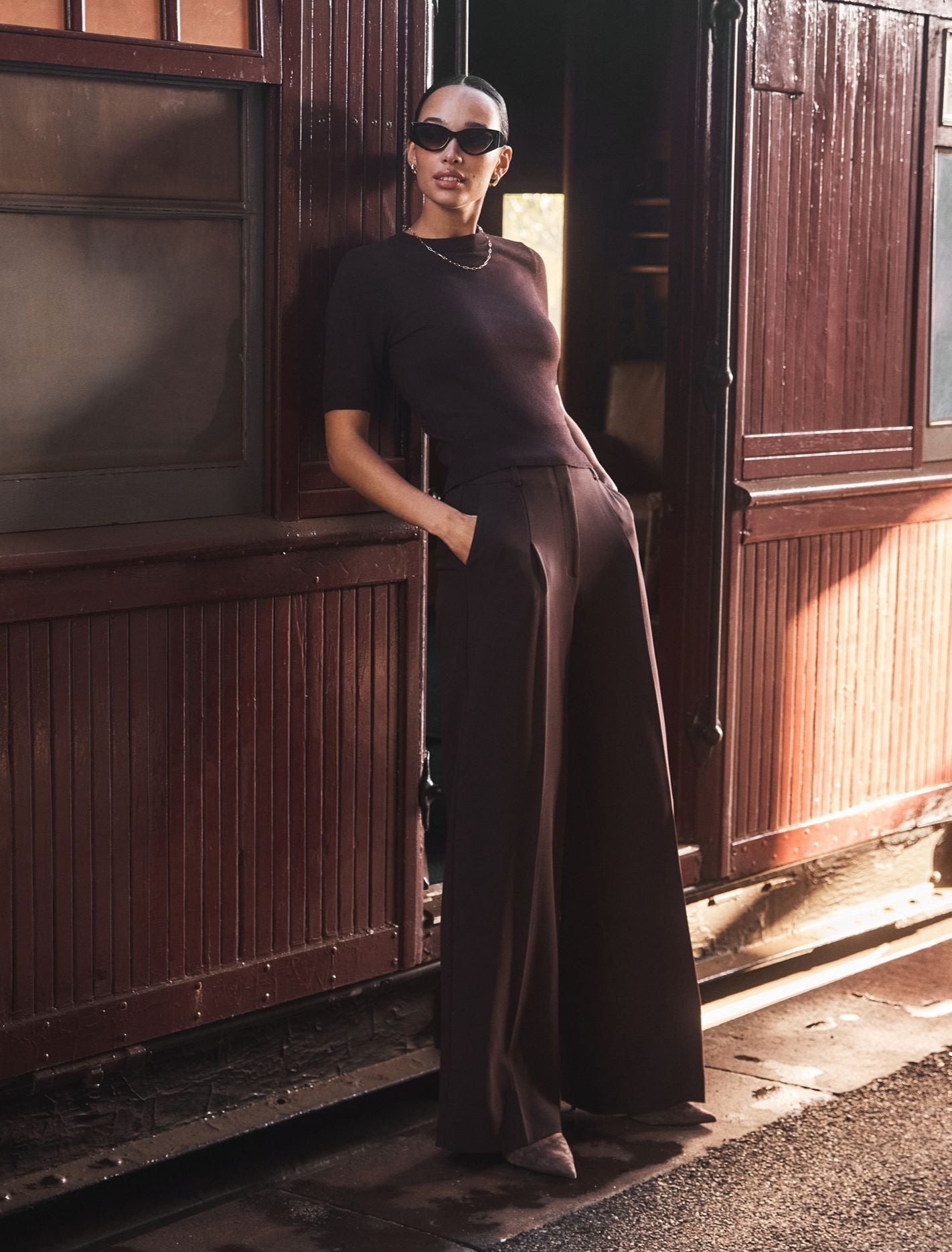 Briony Wide-Leg Pants Chocolate Set