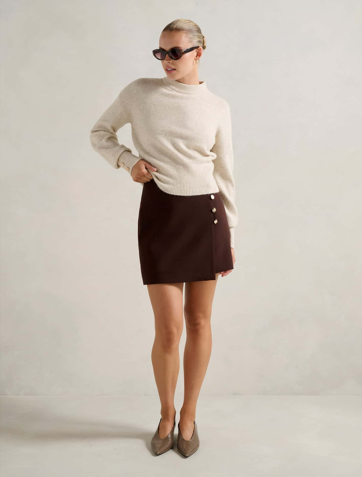 Jinny Button Detail Wrap Skirt Chocolate