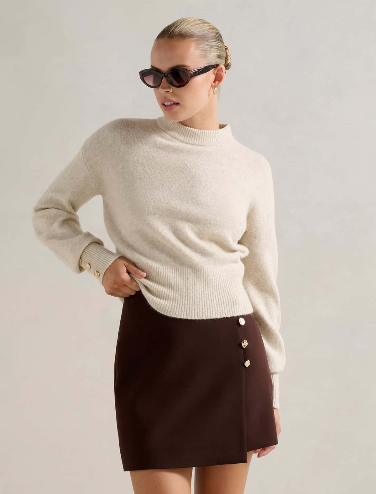 Jinny Button Detail Wrap Skirt Chocolate