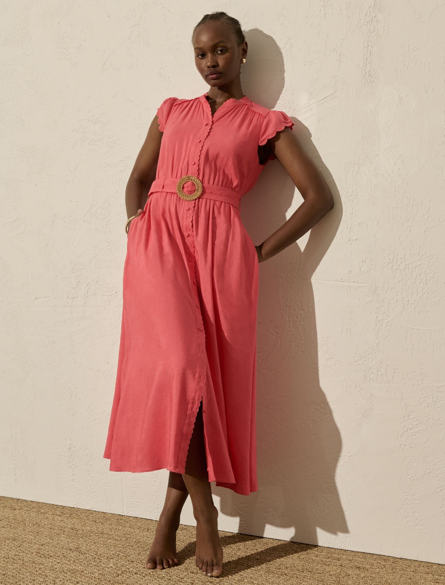 Serafina Scallop Midi Dress Coral