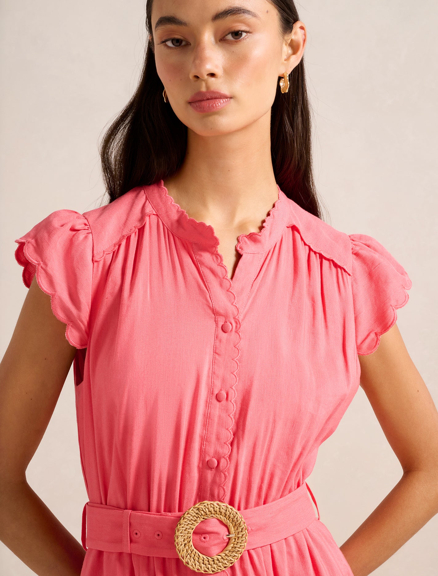 Serafina Scallop Midi Dress Coral