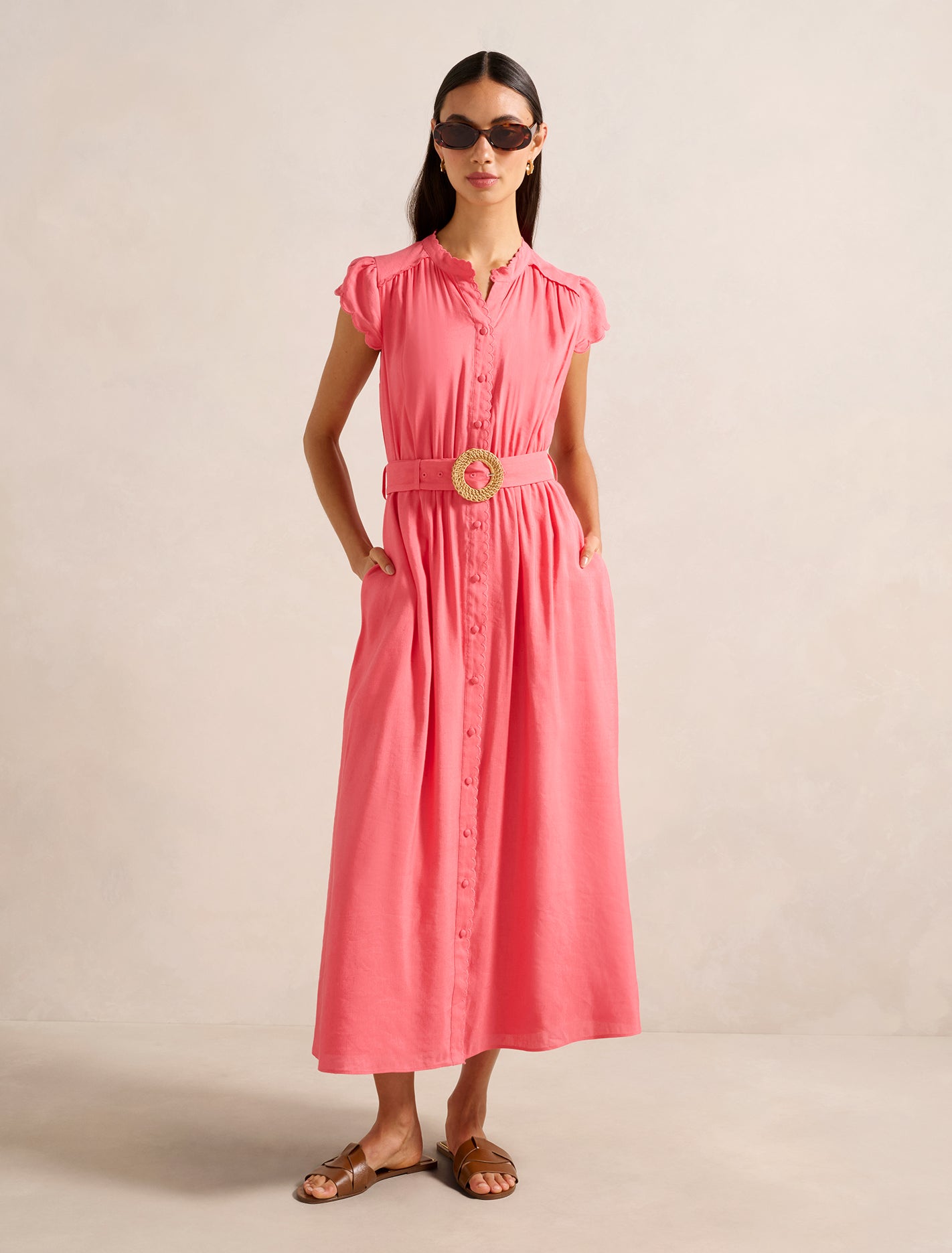 Serafina Scallop Midi Dress Coral
