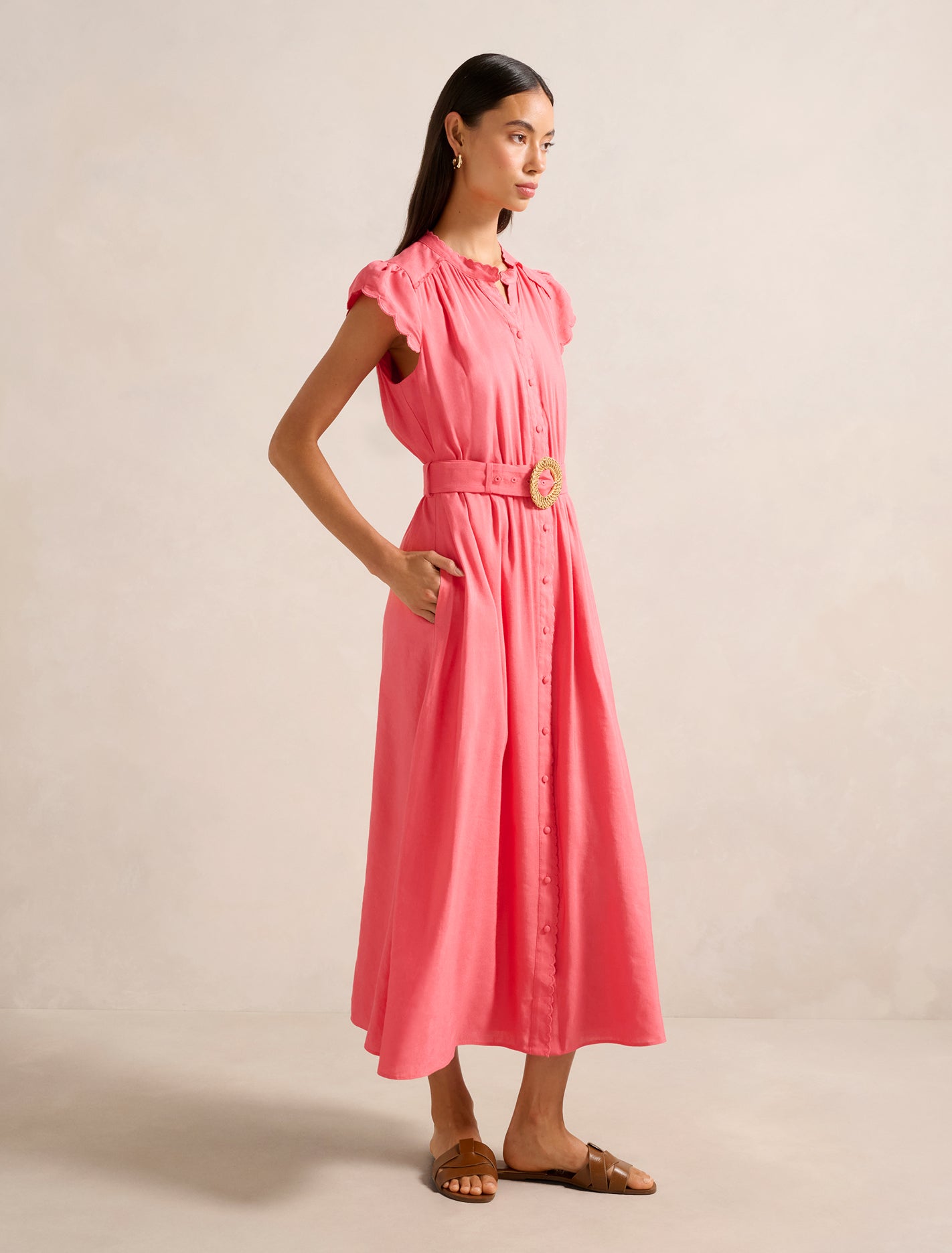 Serafina Scallop Midi Dress Coral
