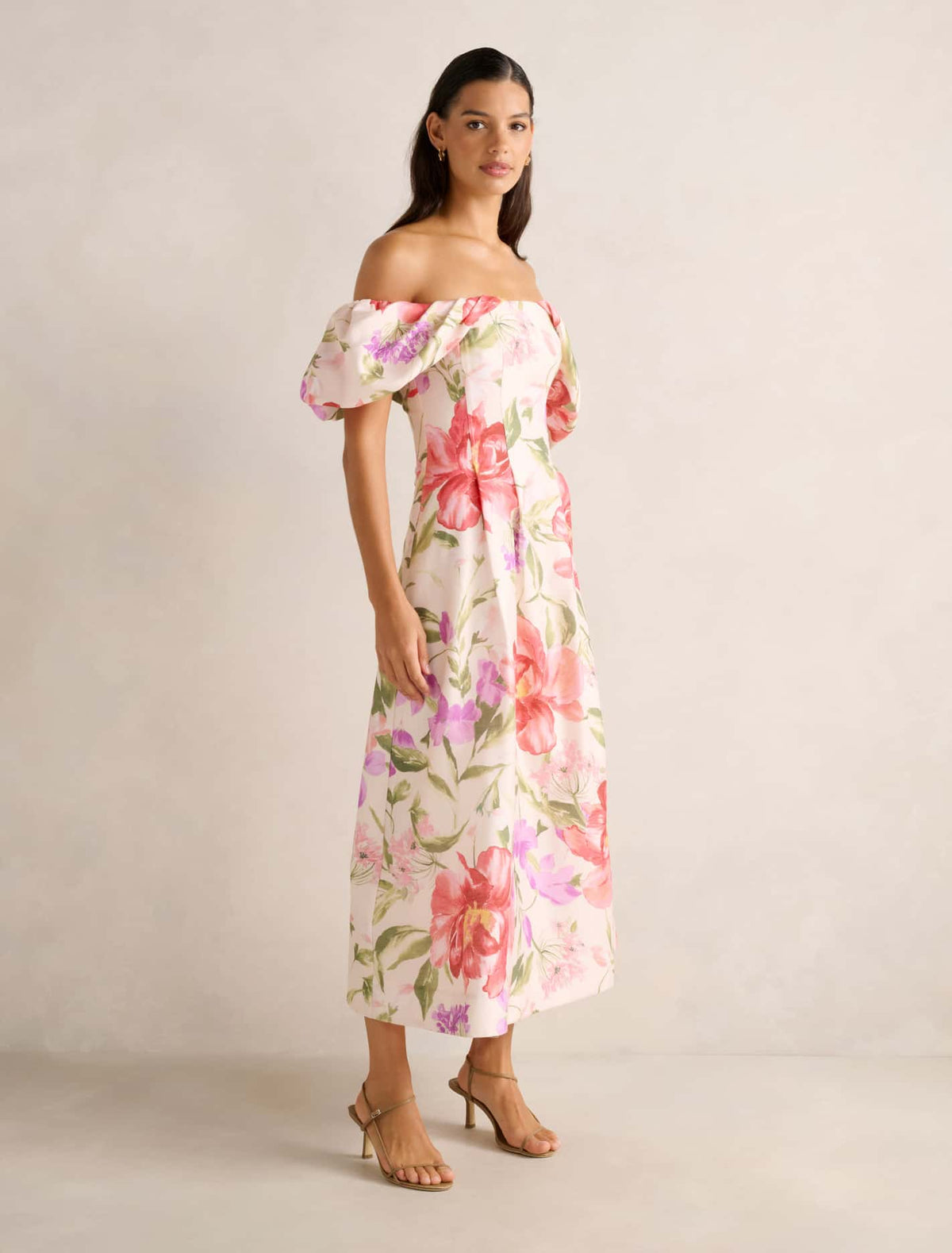 Janie Off Shoulder Midi Dress Pink Lyell Floral