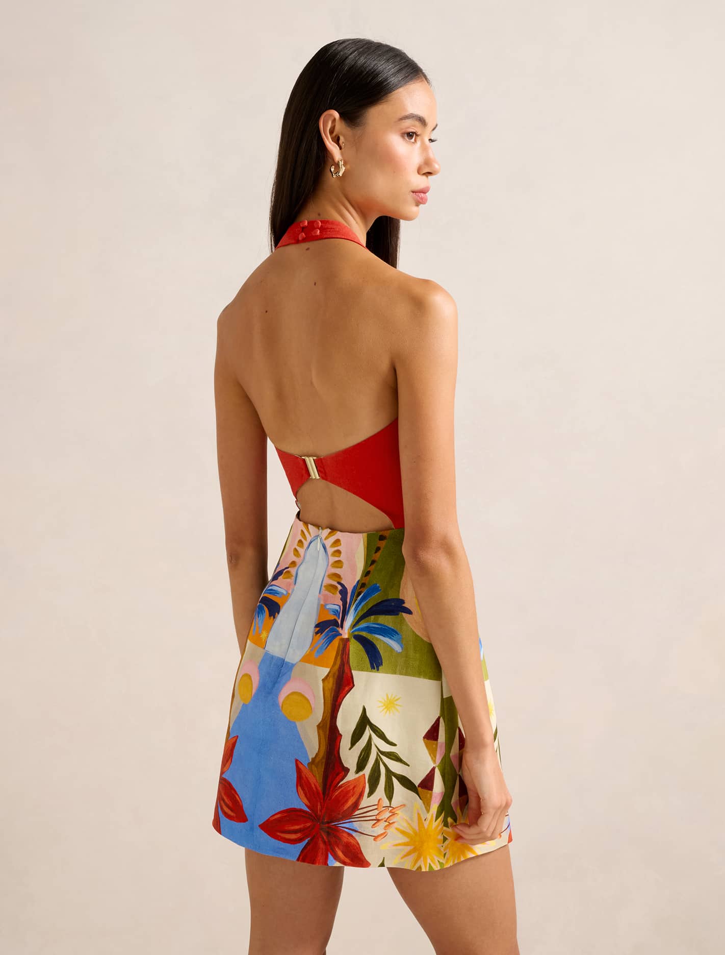 Keely Halter-Neck Linen Mini Dress Bright Havana