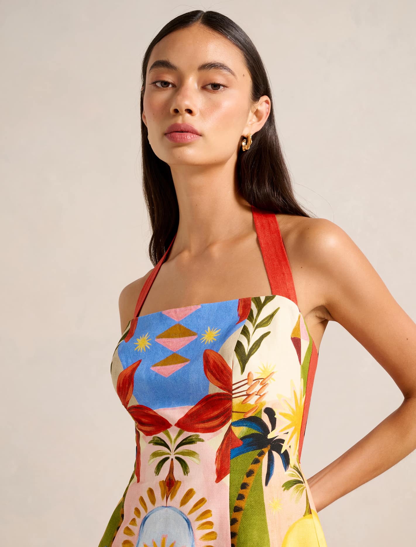Keely Halter-Neck Linen Mini Dress Bright Havana