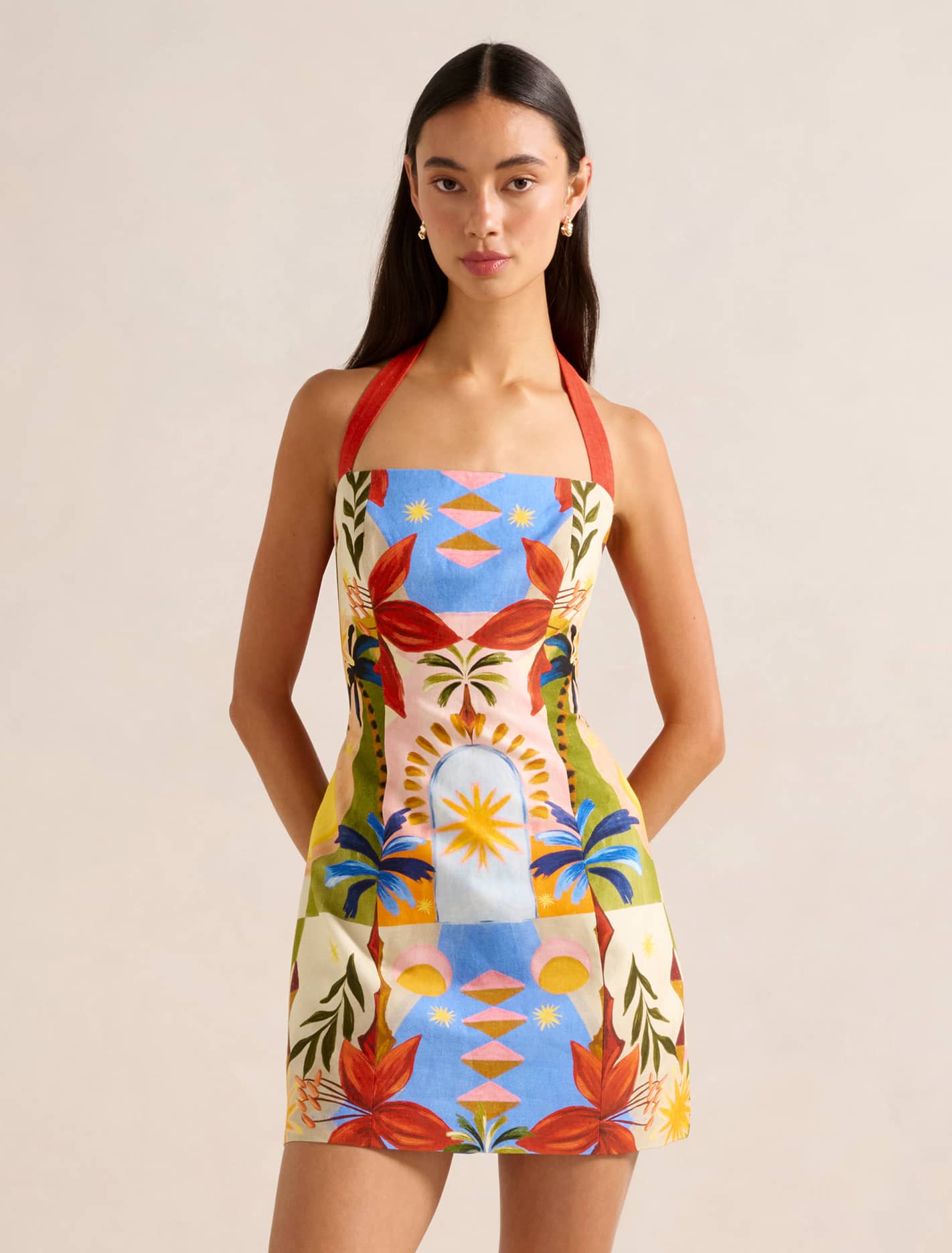 Keely Halter-Neck Linen Mini Dress Bright Havana