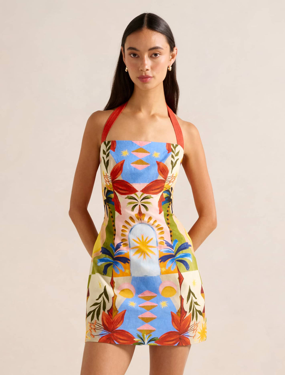 Keely Halter-Neck Linen Mini Dress Bright Havana