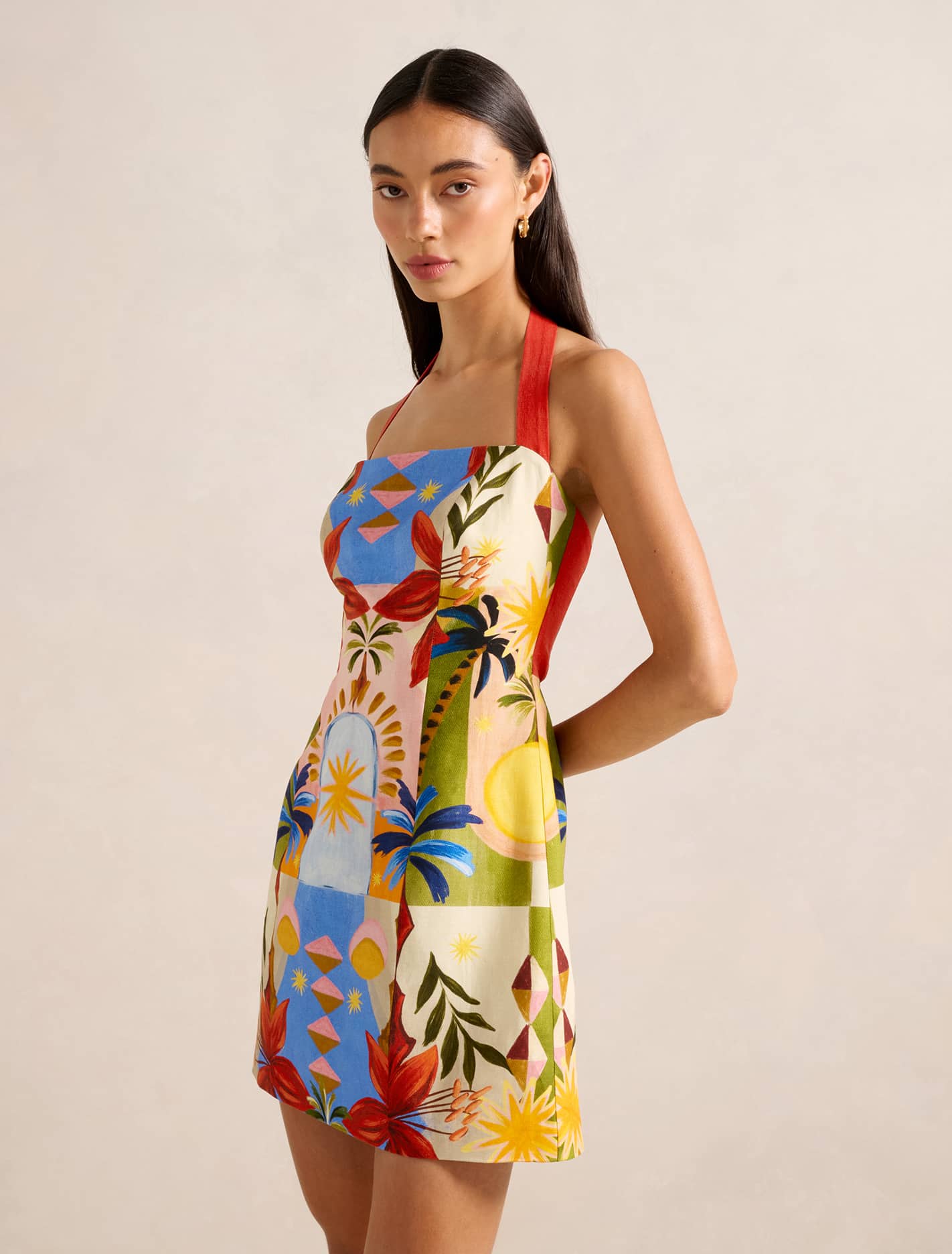 Keely Halter-Neck Linen Mini Dress Bright Havana
