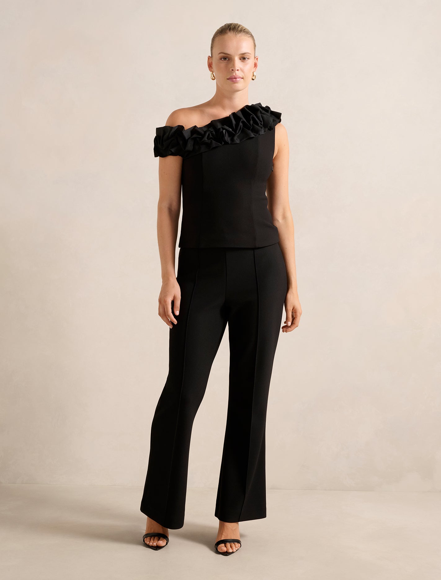 Sadie Tipped Shoulder Ruffle Top Black