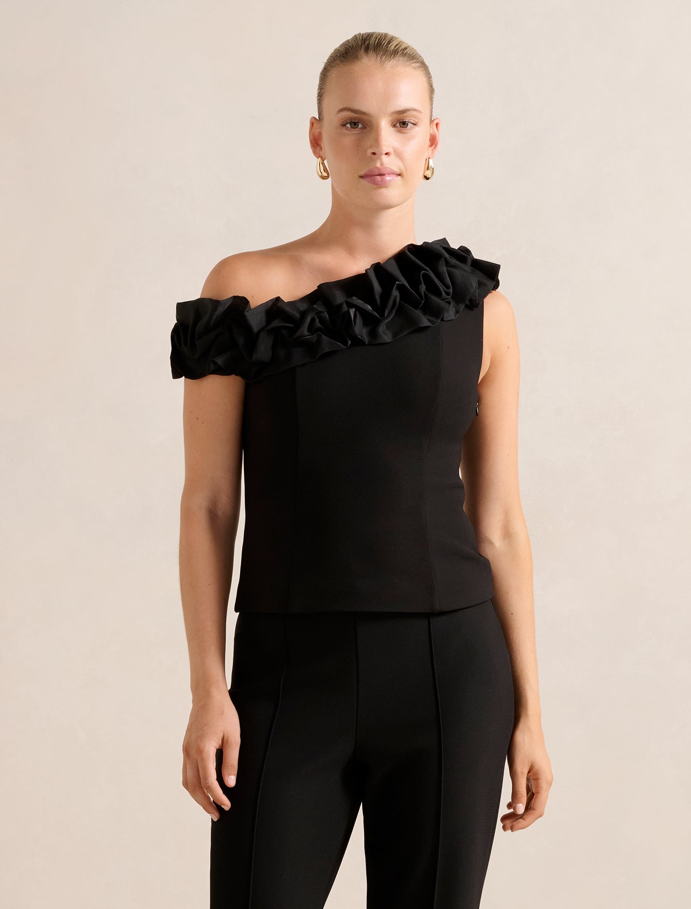 Sadie Tipped Shoulder Ruffle Top Black