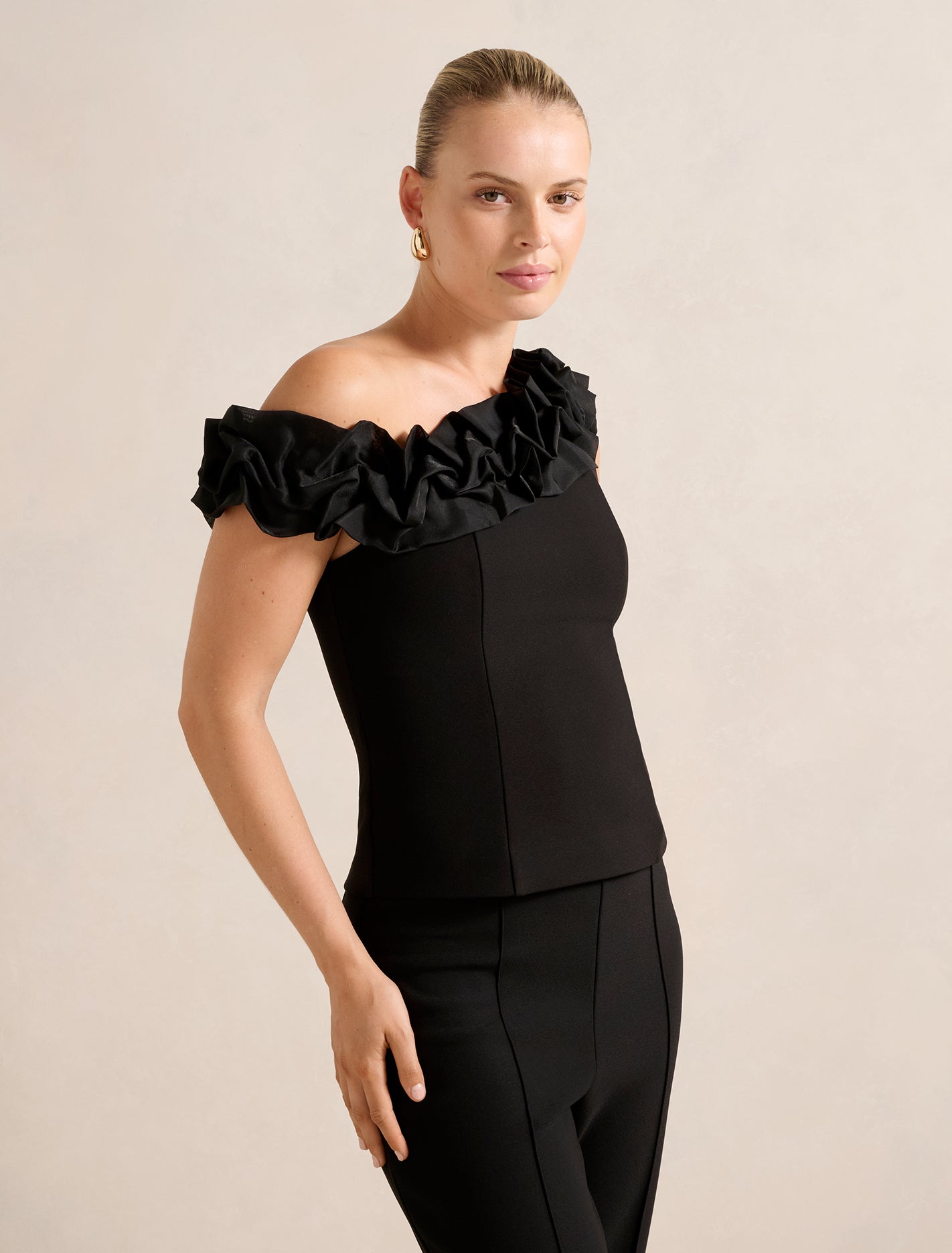 Sadie Tipped Shoulder Ruffle Top Black