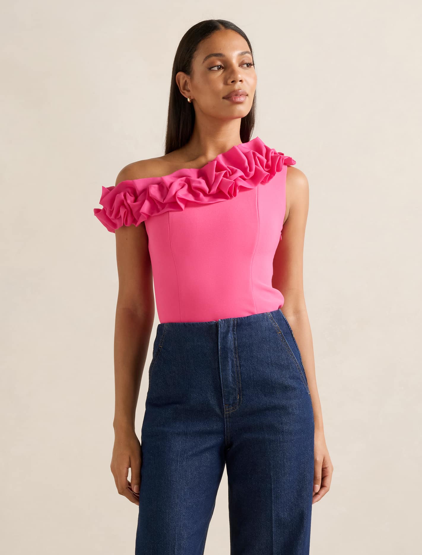 Sadie Tipped Shoulder Ruffle Top Fuchsia Purple