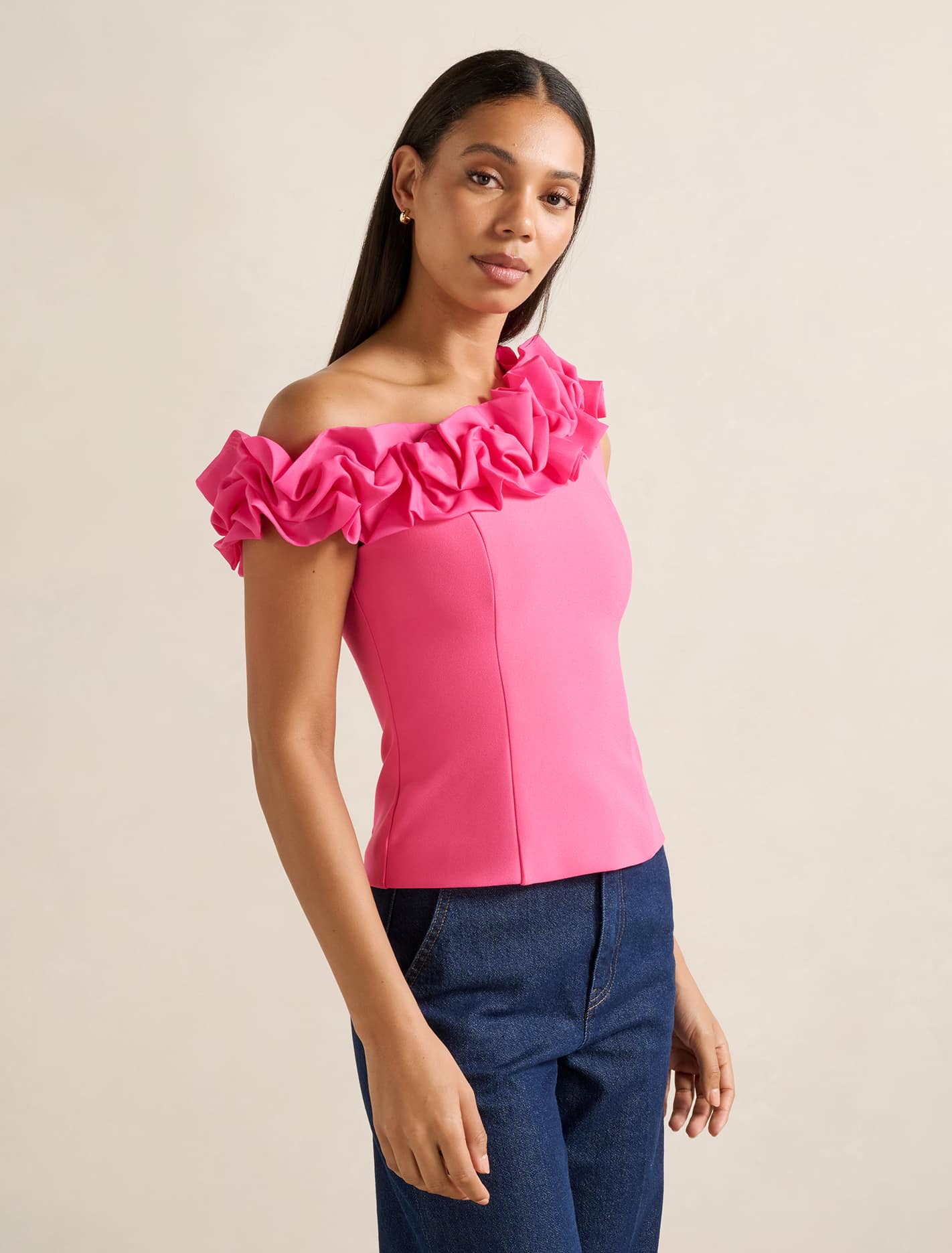 Sadie Tipped Shoulder Ruffle Top Fuchsia Purple