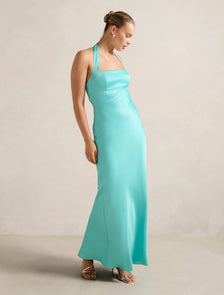 April Open Back Satin Maxi Dress Aqua Breeze