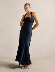 April Open Back Satin Maxi Navy