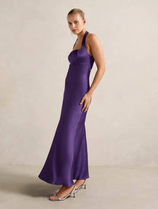 April Open Back Satin Maxi Dress Royal Purple
