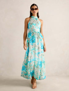 Serena Halter Peplum Maxi Dress Mint Lyell Floral