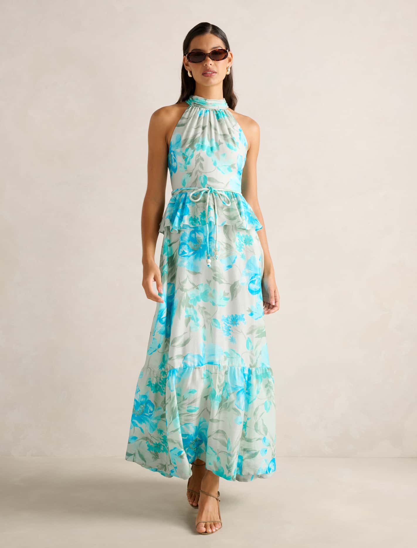 Serena Halter Peplum Maxi Dress Mint Lyell Floral