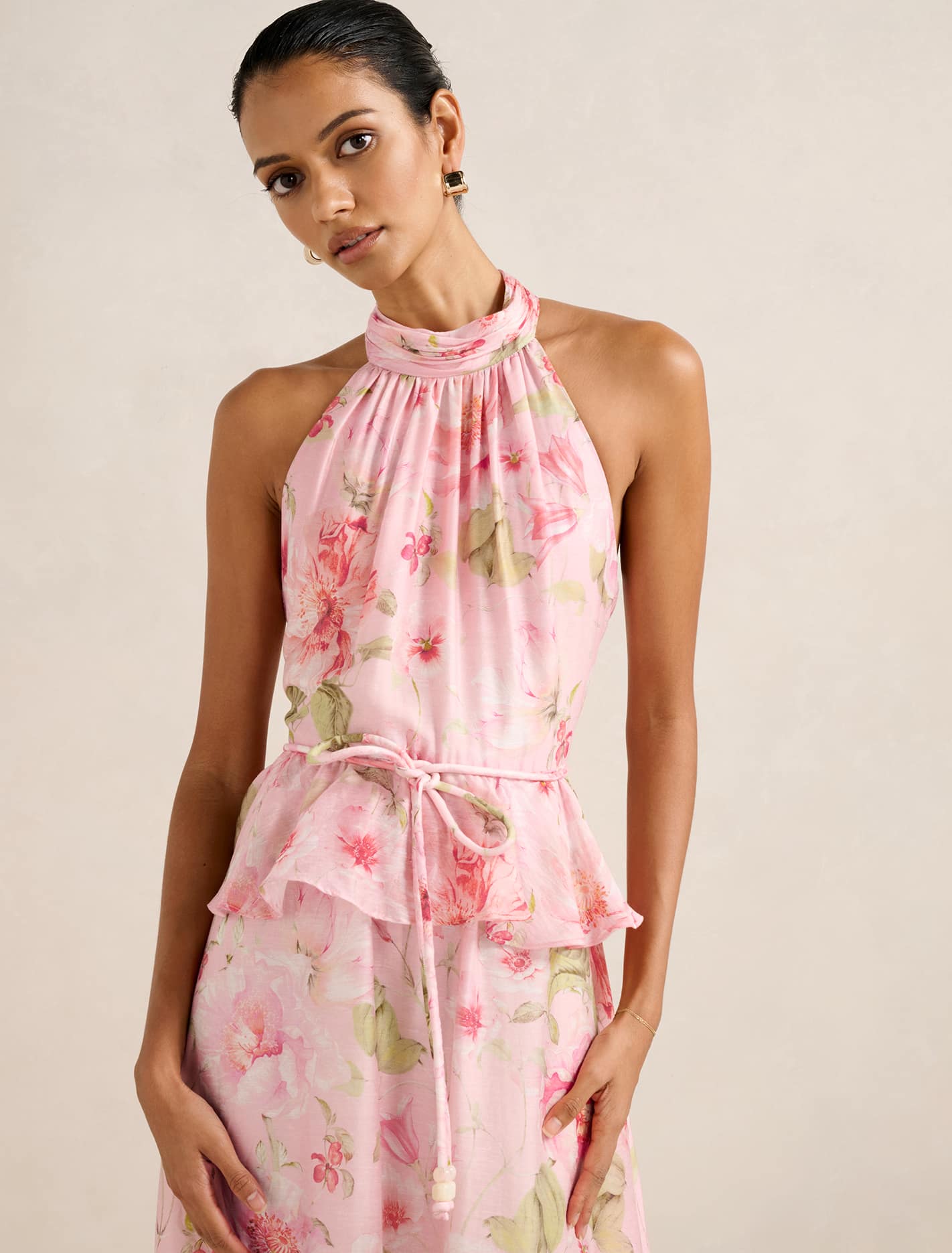 Serena Petite Halter Peplum Midi Coral Layla Botanic