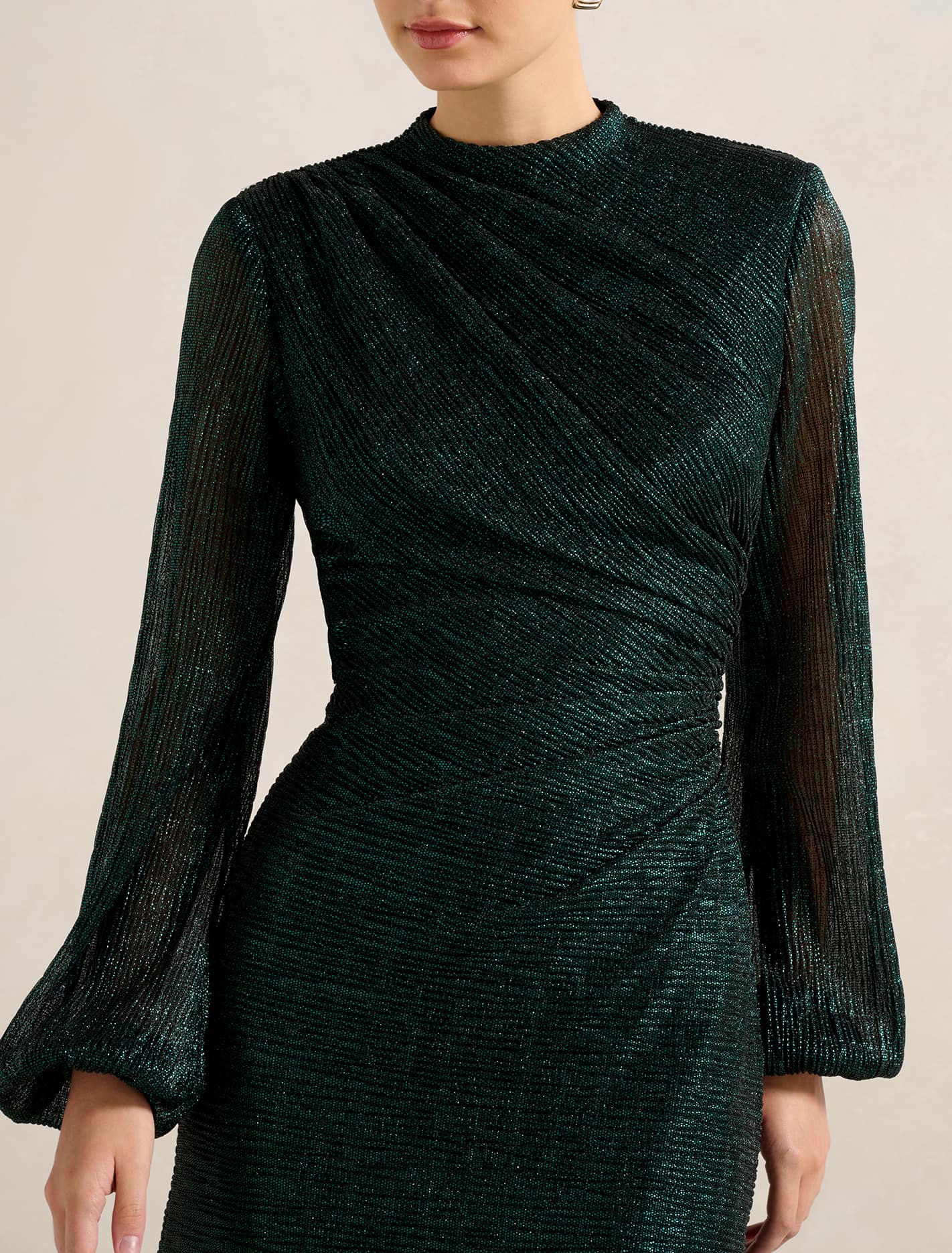 Kristen Long Sleeve Plisse Maxi Dress Emerald Green