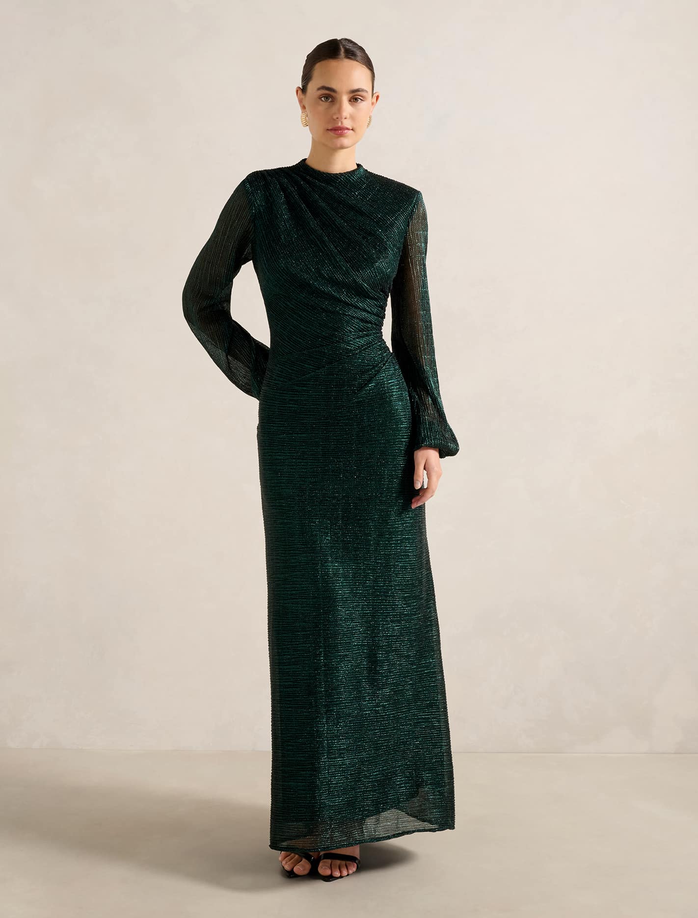 Kristen Long Sleeve Plisse Maxi Dress Emerald Green