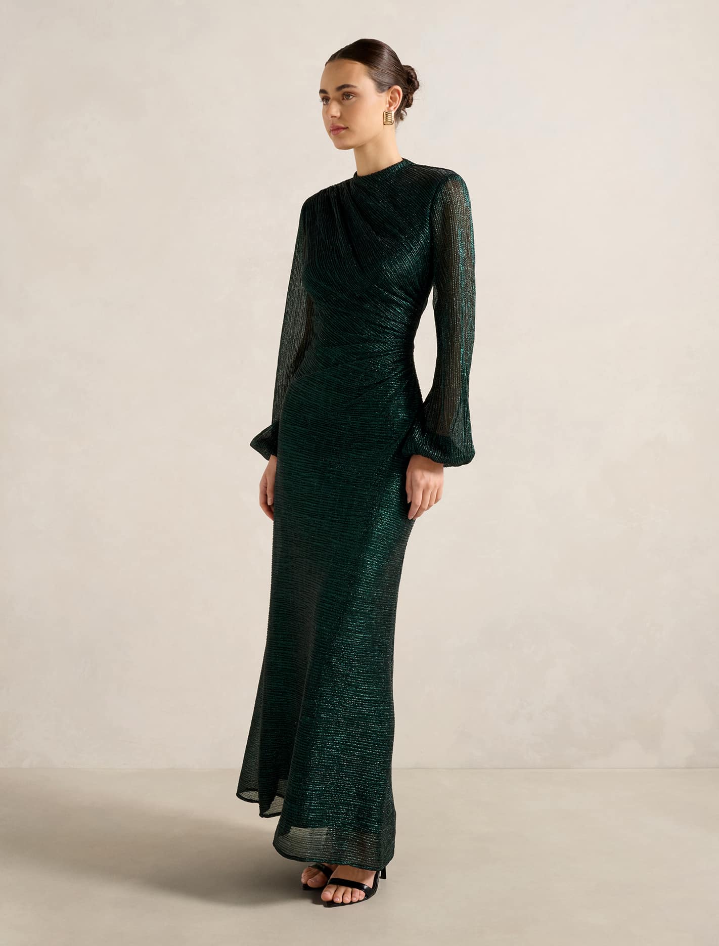 Kristen Long Sleeve Plisse Maxi Dress Emerald Green