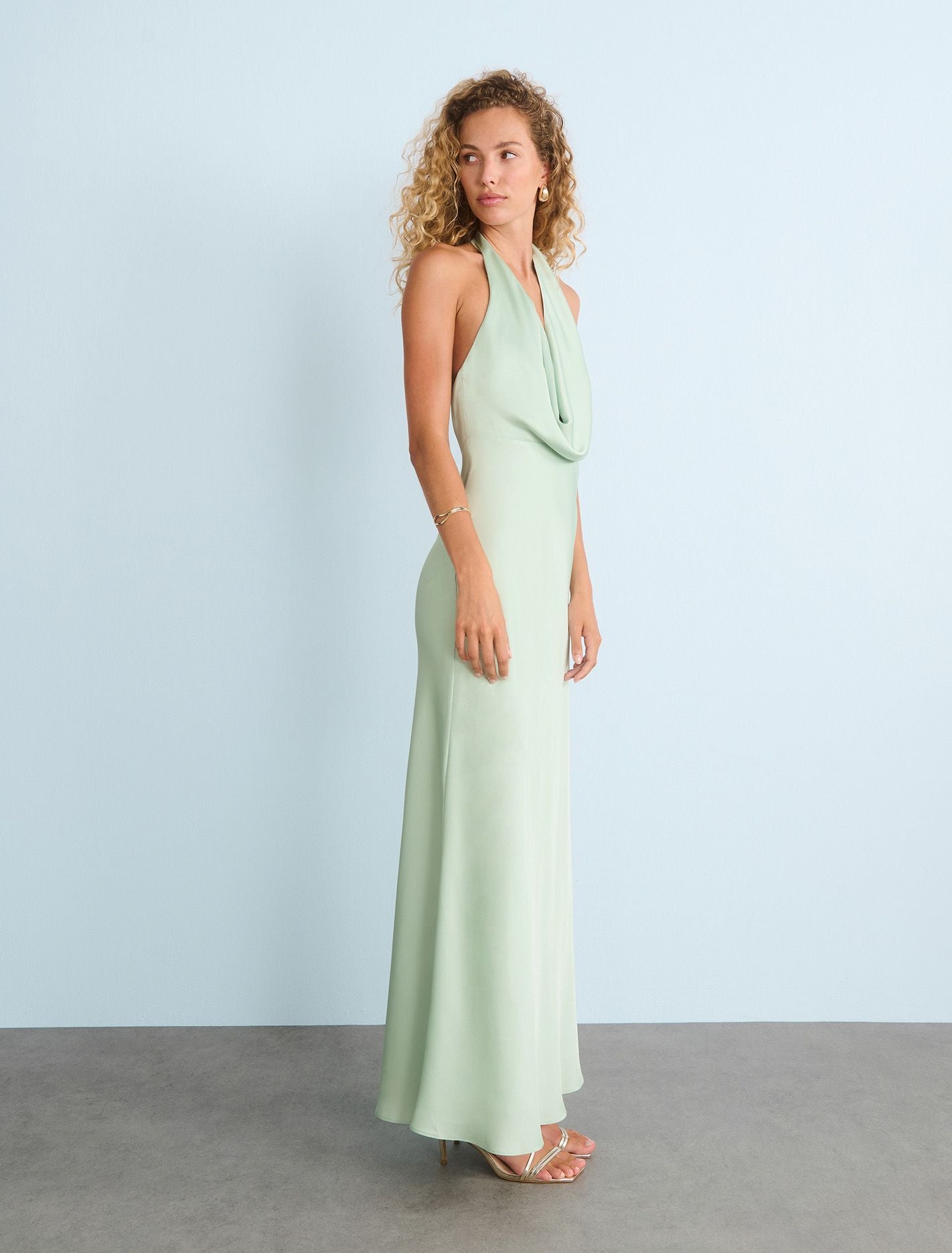 Becca Cowl Halter Satin Gown Dusty Aqua