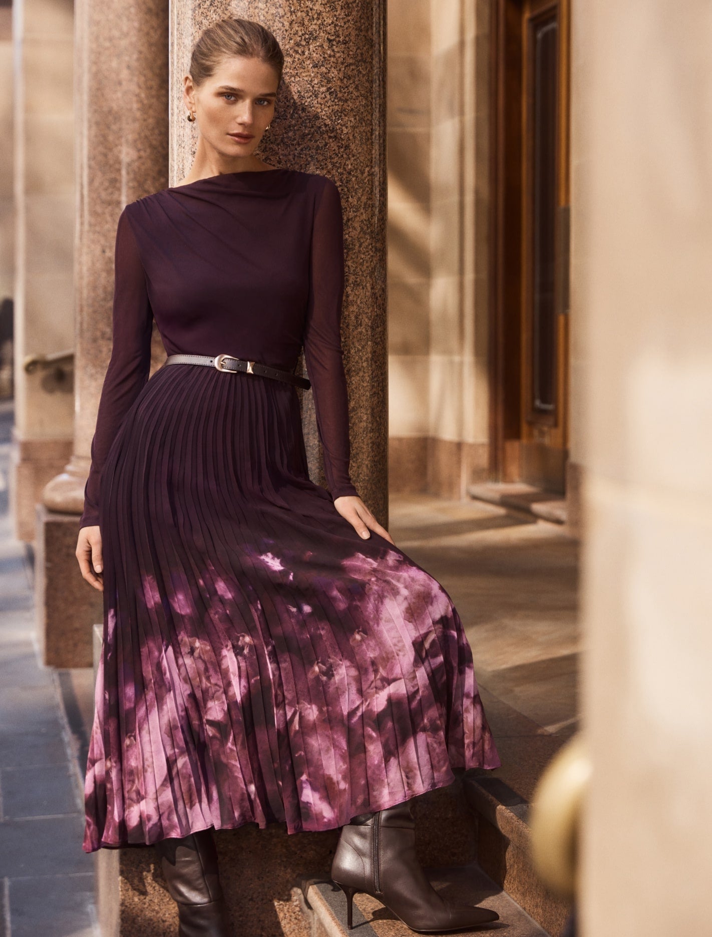 Adelina 2-in-1 Pleat Midi Dress Plum Mae Abstract