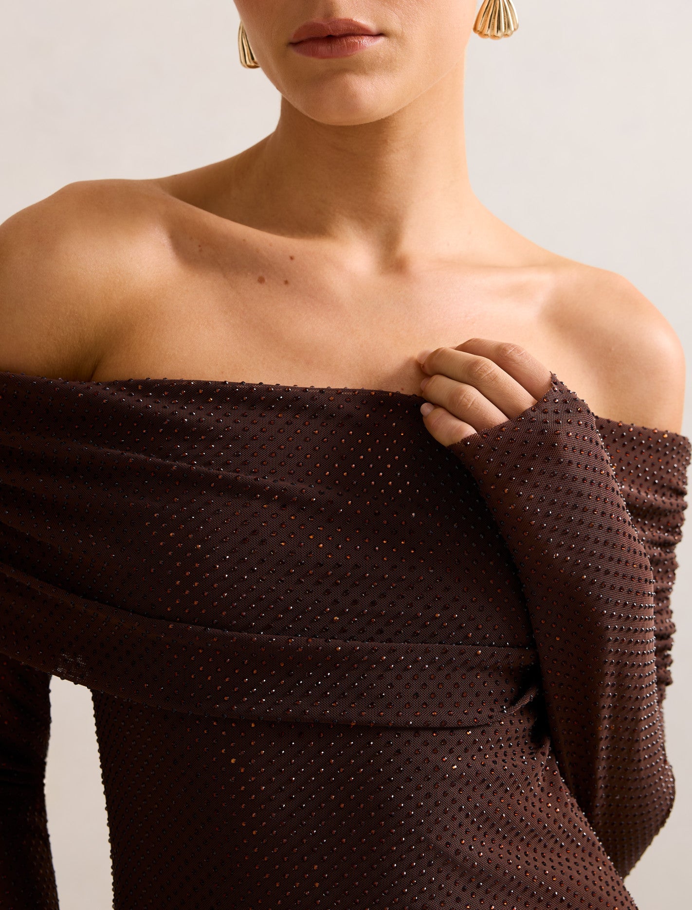 Effie Bardot Heatseal Maxi Dress Chocolate