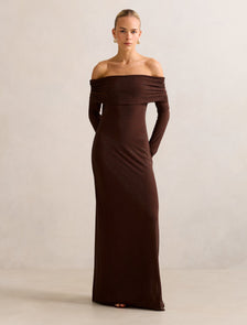 Effie Bardot Heatseal Maxi Dress Chocolate