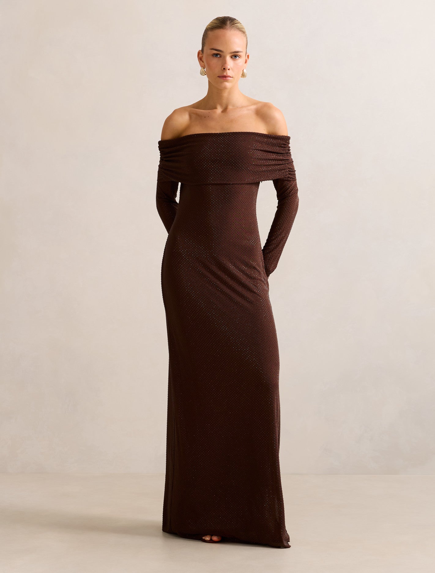 Effie Bardot Heatseal Maxi Dress Chocolate