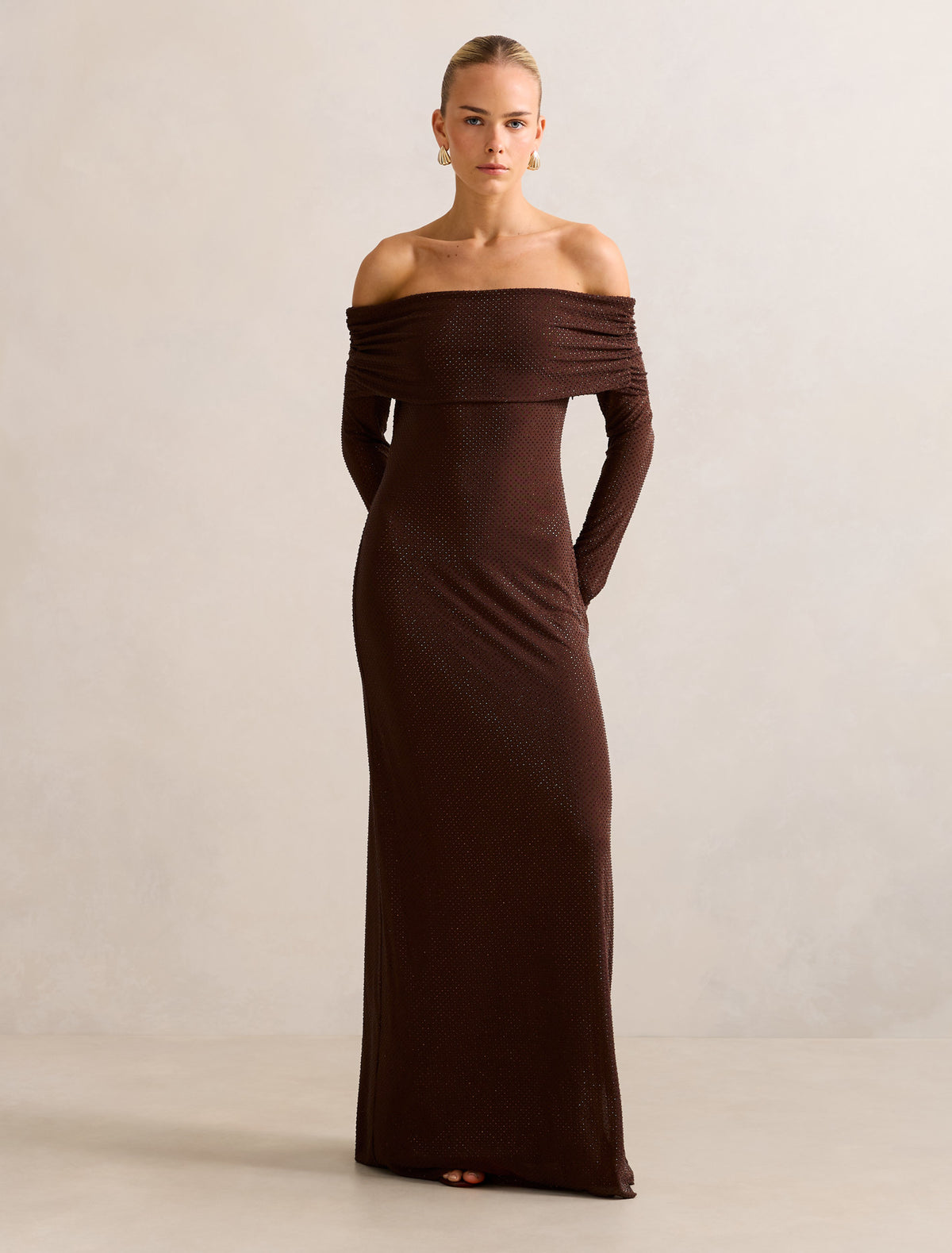 Effie Bardot Heatseal Maxi Dress Chocolate