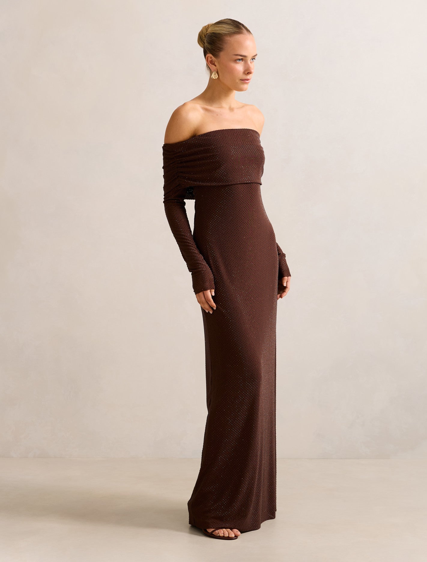 Effie Bardot Heatseal Maxi Dress Chocolate