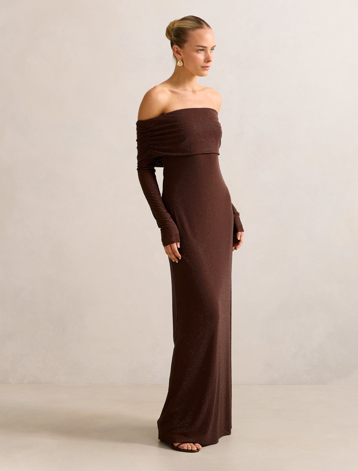 Effie Bardot Heatseal Maxi Dress Chocolate