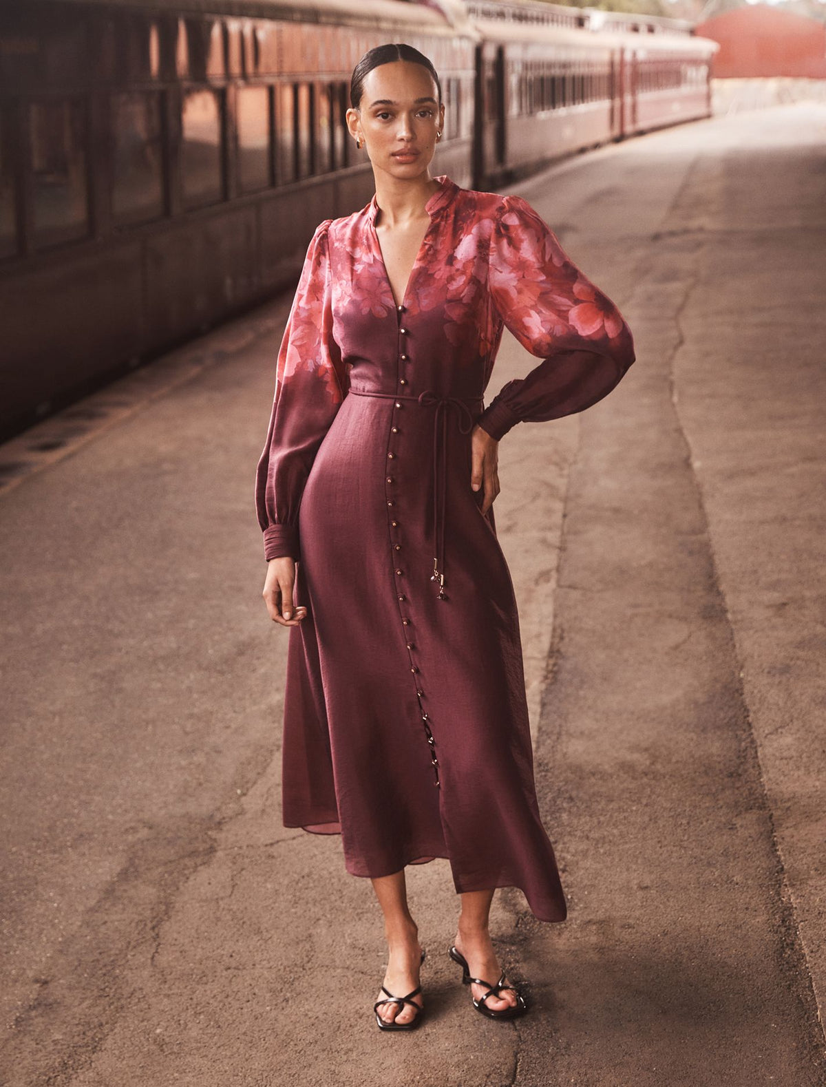 Camilla Long-Sleeve Printed Midi Dress Dark Nelson