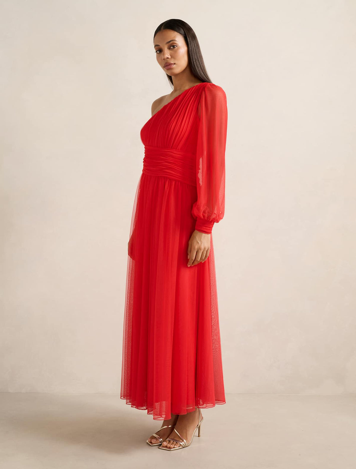 Jennifer One-Shoulder Tulle Maxi Dress Heirloom Tomato