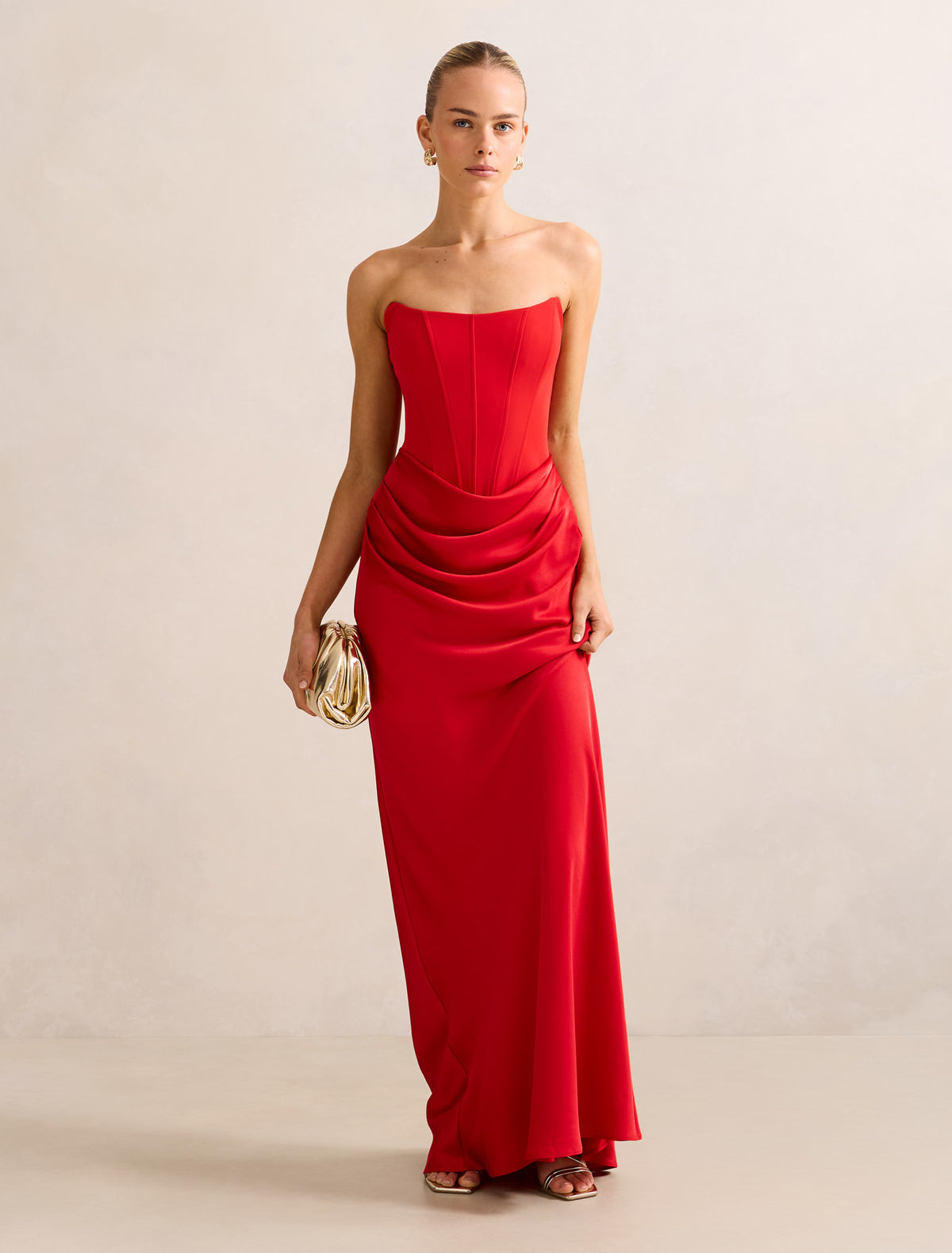 Isra Drape Strapless Maxi Dress Red
