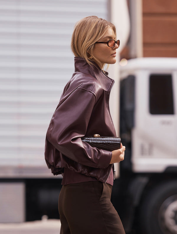 Julia Faux Leather Funnel Neck Jacket Berry