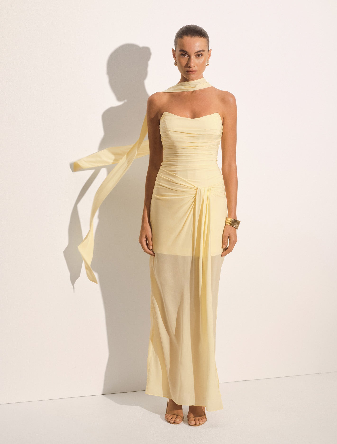 Arli Strapless Ruched Maxi Dress Lemon