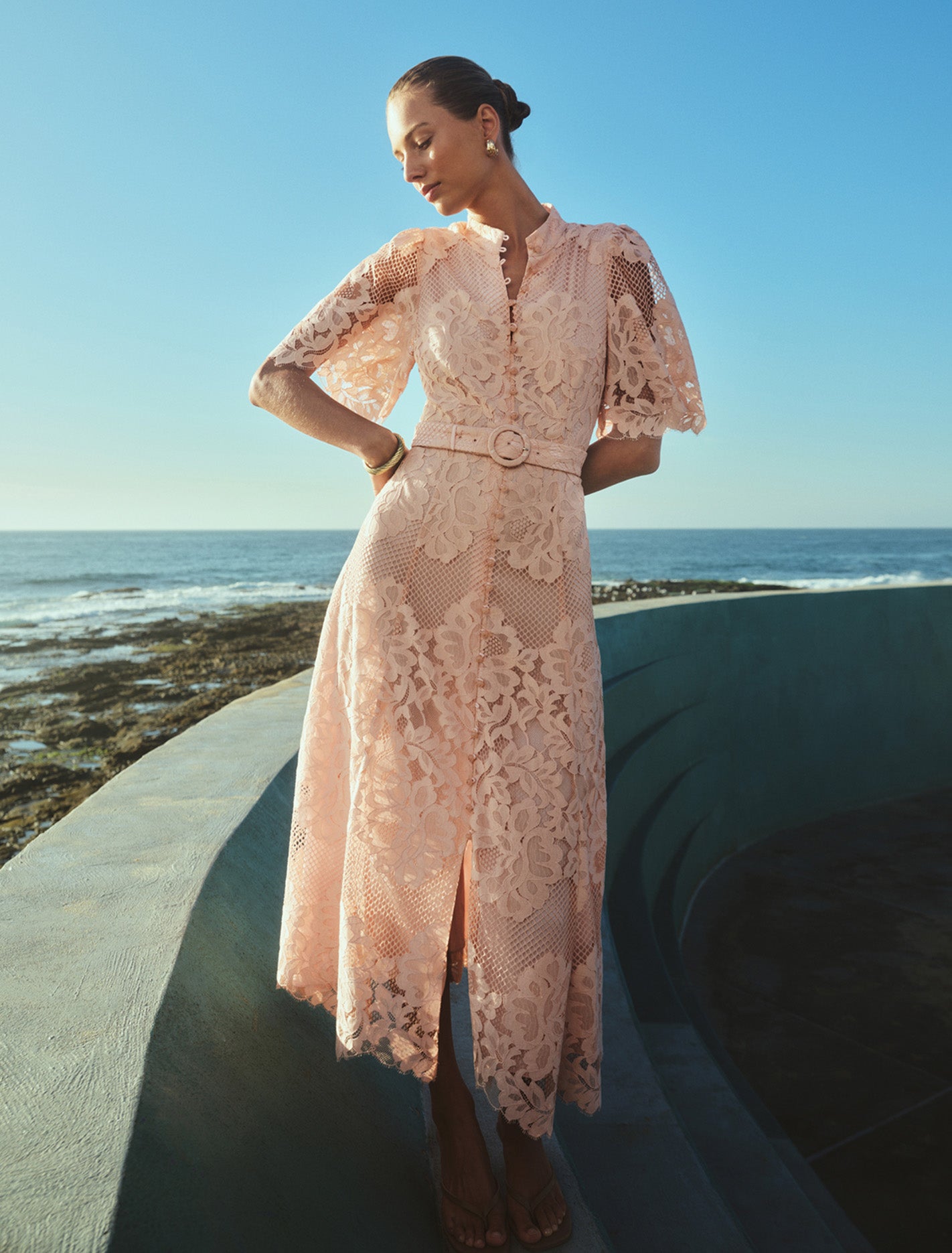 Liberty Flutter Sleeve Lace Midi Dress Soft Pink